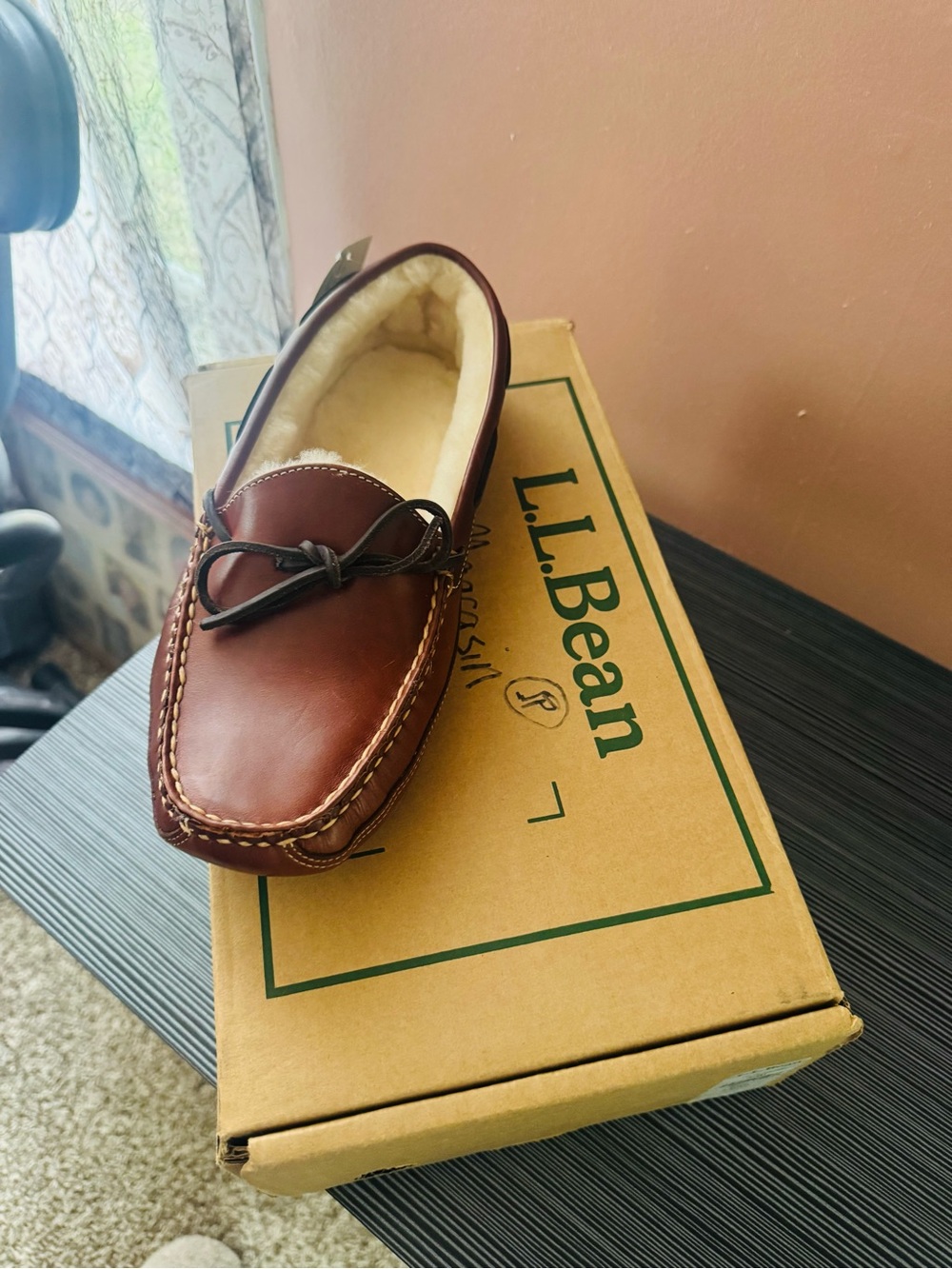 L.L. Bean Men's Chestnut Leather Moccasin Slippers